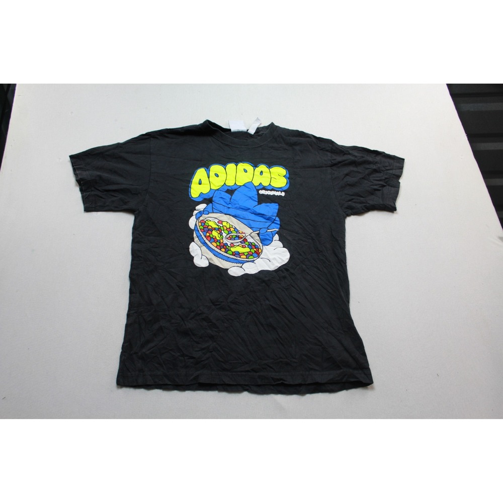 Adidas T-Shirt Mens Medium Black Excellent Cereal Graphic Trefoil Short Sleeve